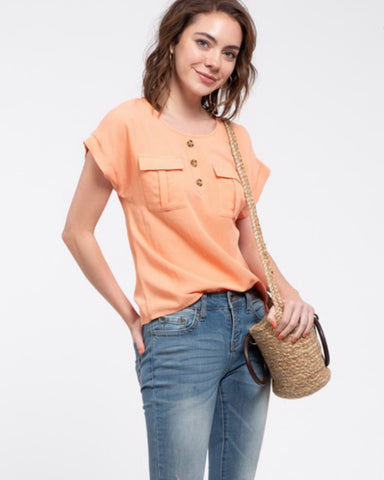 Orange Front Button Detail Pocket Top