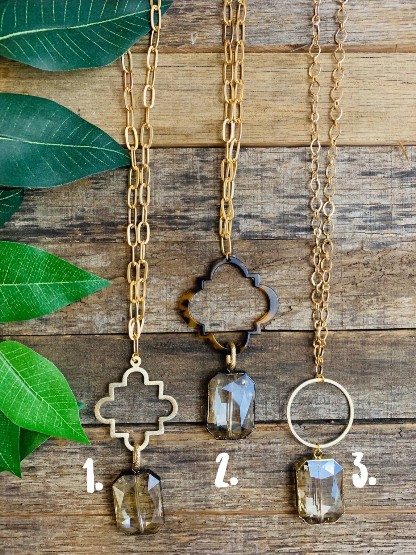 Large Crystal & Pendant Long Gold Necklace