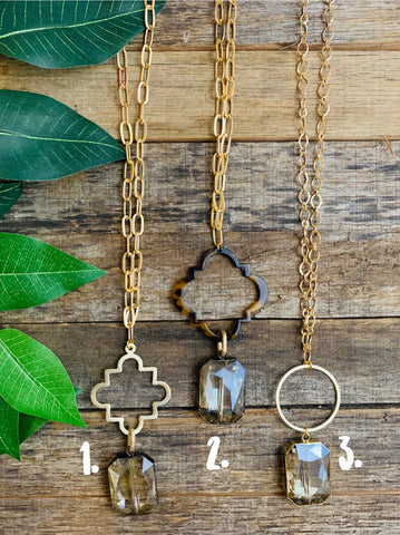 Large Crystal & Pendant Long Gold Necklace