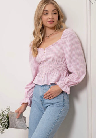 Pink Checkered Ruffle-Sleeve Top