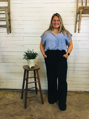 Denim Washed Button Down Top with Fray Hem
