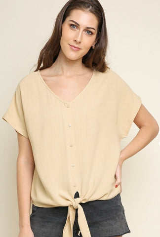 Natural Linen Blend Button Up V-neck w/ Waist Tie Top