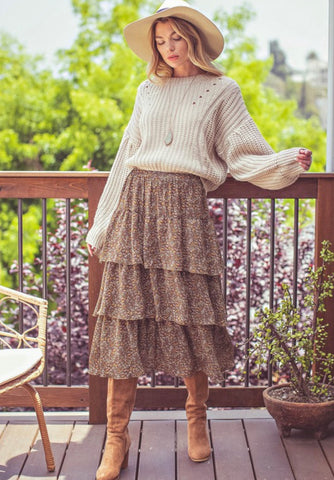Mocha-Floral Tiered Skirt