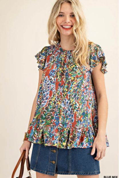 Blue Mix Rayon Printed Ruffle Sleeves Top