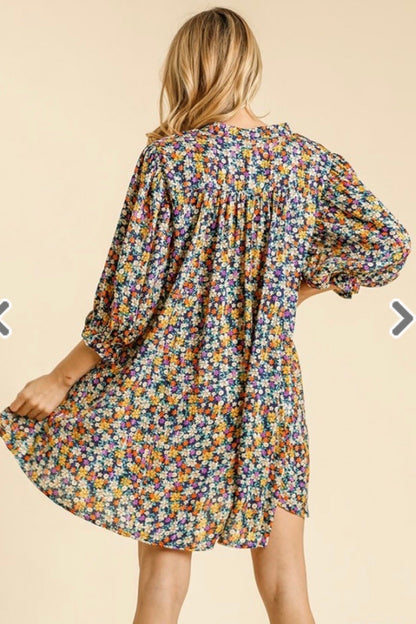 Navy Mix Floral Puff Sleeve V-Neck Dress