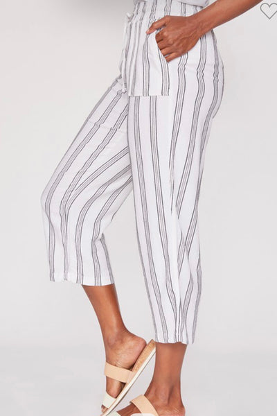 White & Black Striped Waistband Linen Pants
