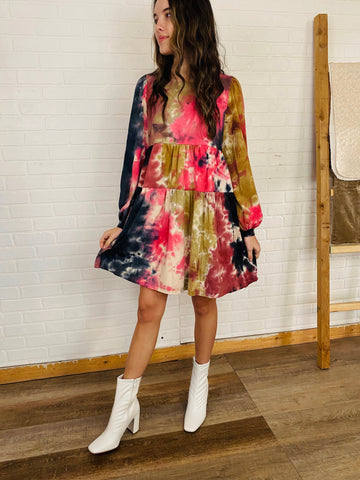 Red/Brown Tie Dye Round Neck Babydoll Dress