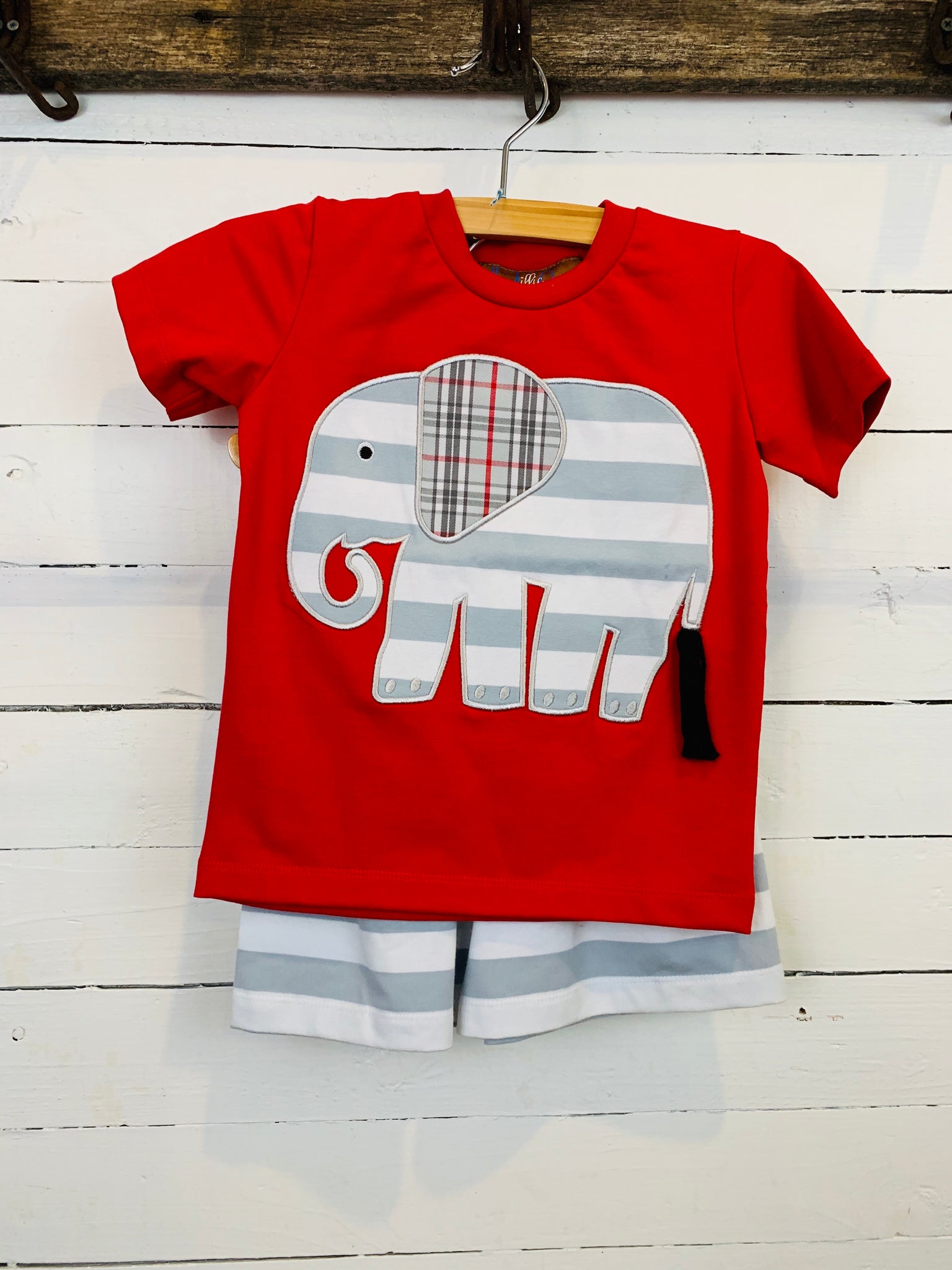 Red Elephant Shirt w/ Striped Shorts- Kids