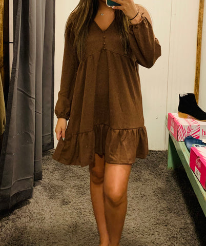 Red Bean Button Baby Doll Long Sleeve Dress