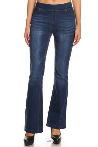 Dark Denim Pull On Flare Jeans