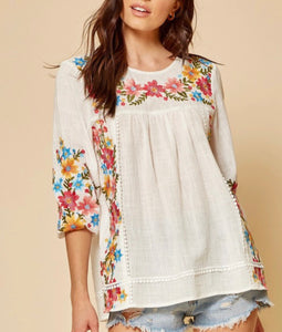 Embroidered with Pom Pom Ivory Top