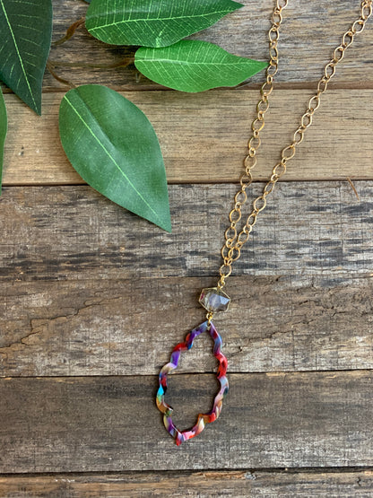 Multicolor Acrylic Pendant with Crystal Long Gold Necklace