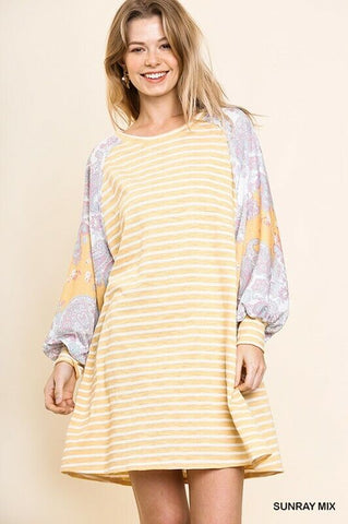 Yellow Stripe Paisley 3/4 Sleeve Dress- Plus