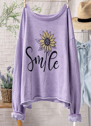Lavender Smile Floral Print Cropped Sweatshirt