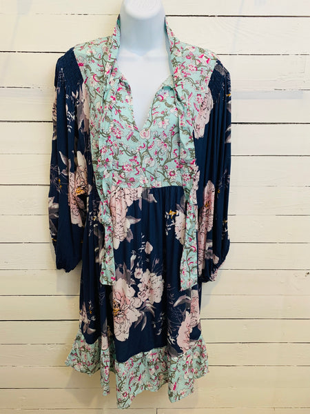 Navy Mix Floral 3/4 Puff Sleeve Dress w/ Keyhole Neck Tie