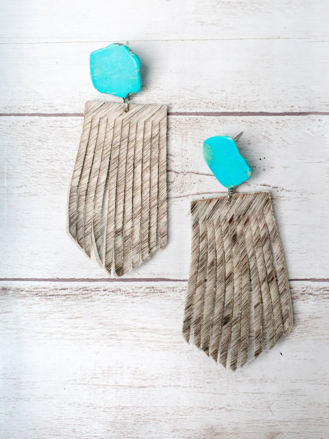 Turquoise Stud with white Cowhide Fringe Earrings