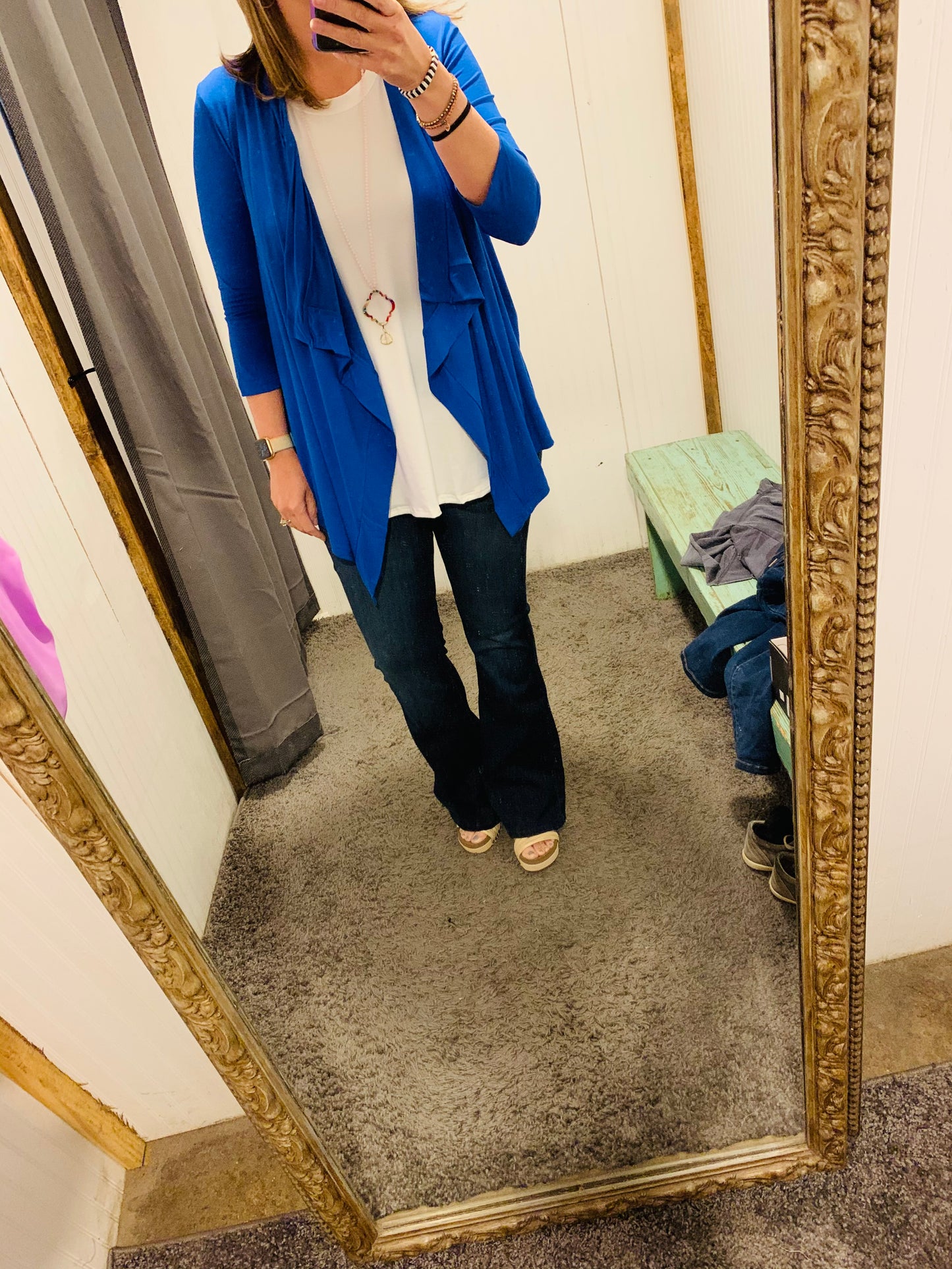 Royal Blue 3/4 Sleeve Draped Lightweight Open Cardigan