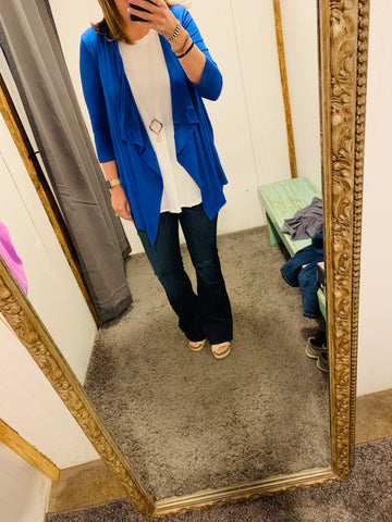 Royal Blue 3/4 Sleeve Draped Lightweight Open Cardigan