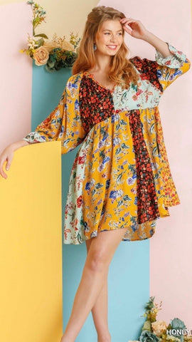 Honey Mix Floral Mandarin Collared Dress w/ Puff Sleeves