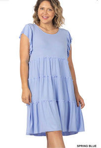 Spring Blue Ruffle Sleeve Tiered Dress- Plus