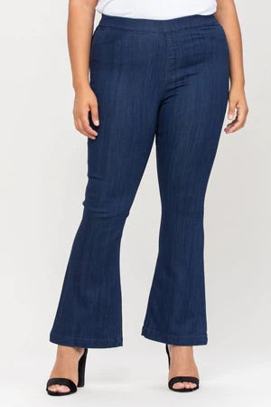Dark Wash Denim Petite Length Flare Jeggings - Plus