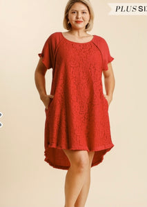 Red Linen Blend Floral Lace High Low Fringe Dress- Plus