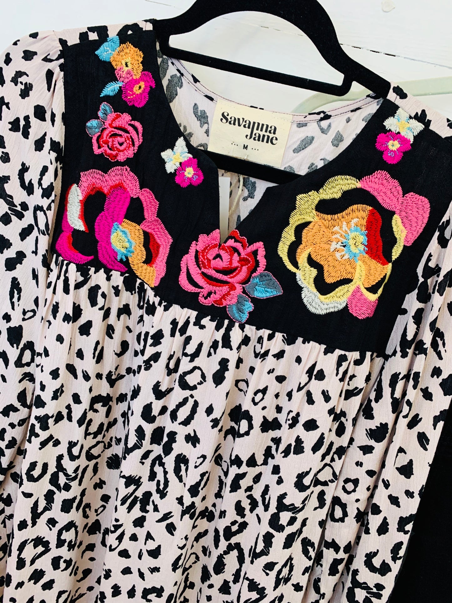 Light Pink Leopard w/ Floral Embroidery Top