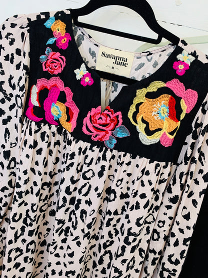 Light Pink Leopard w/ Floral Embroidery Top