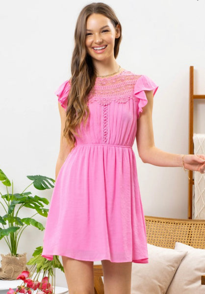 Pink Lace Short Sleeve Mini Dress
