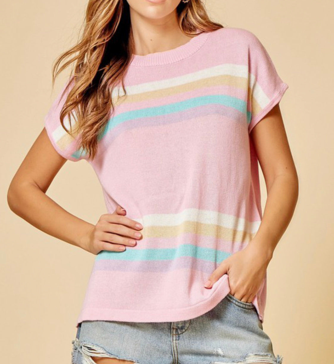Pink Multi Color Stripes Knit Sweater