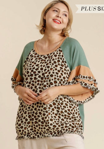 Sage Mix Animal Print Layered Short Sleeve w/ Fray Hem Top- Plus