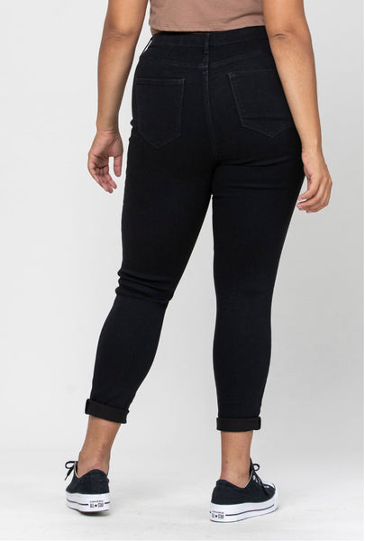 Black Mid Rise Pull On Crop Skinny Jeans by Cello - Plus