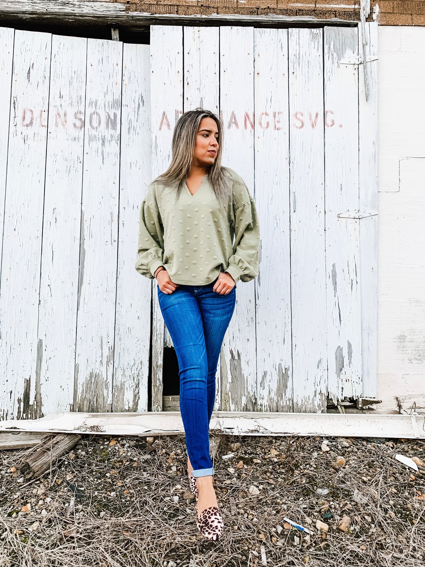 Light Olive Long Sleeve Swiss Dot Top