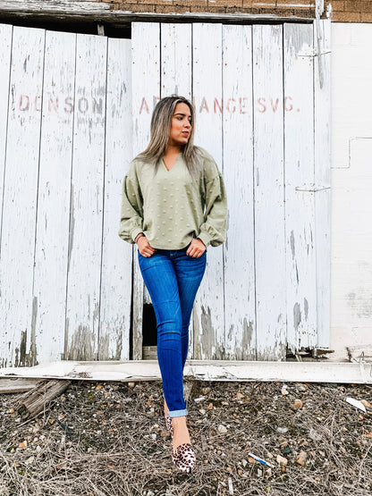 Light Olive Long Sleeve Swiss Dot Top