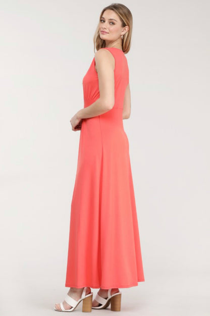Coral Sleeveless Surplice V-neck Maxi Dress