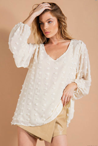 Cream Dotted Long Sleeve Linen Blouse