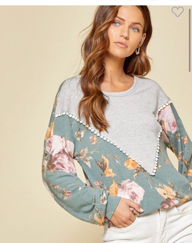 Teal Gray Knit Tunic w/ Floral Print