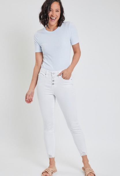 White Denim High Rise Button Skinny Jeans