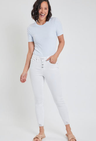 White Denim High Rise Button Skinny Jeans