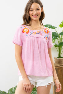 Pink Embroidered Floral Top