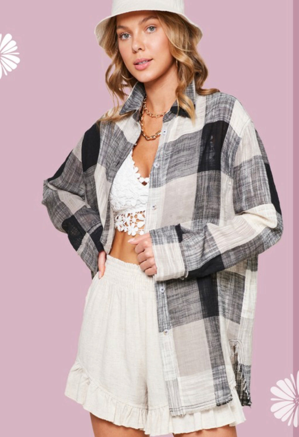 Black Lightweight Button Down Plaid Shirt