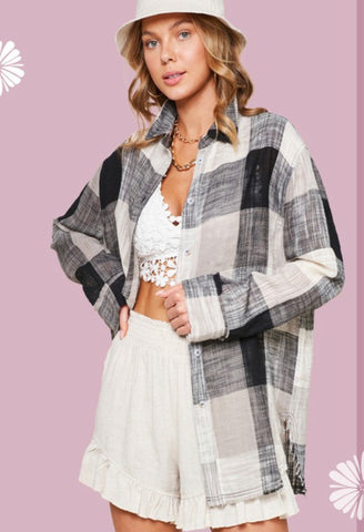 Black Lightweight Button Down Plaid Shirt