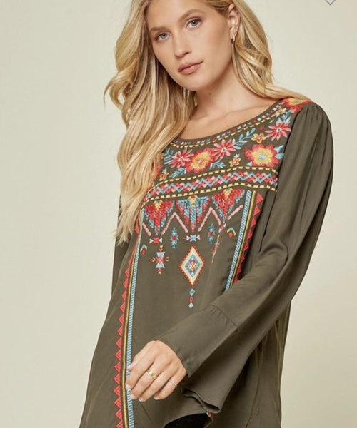 Dark Olive Floral Embroidery Detail w/ Bell Sleeve Top- Plus
