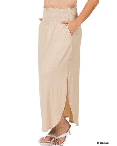 Heather Beige Smocked Waist Maxi Skirt