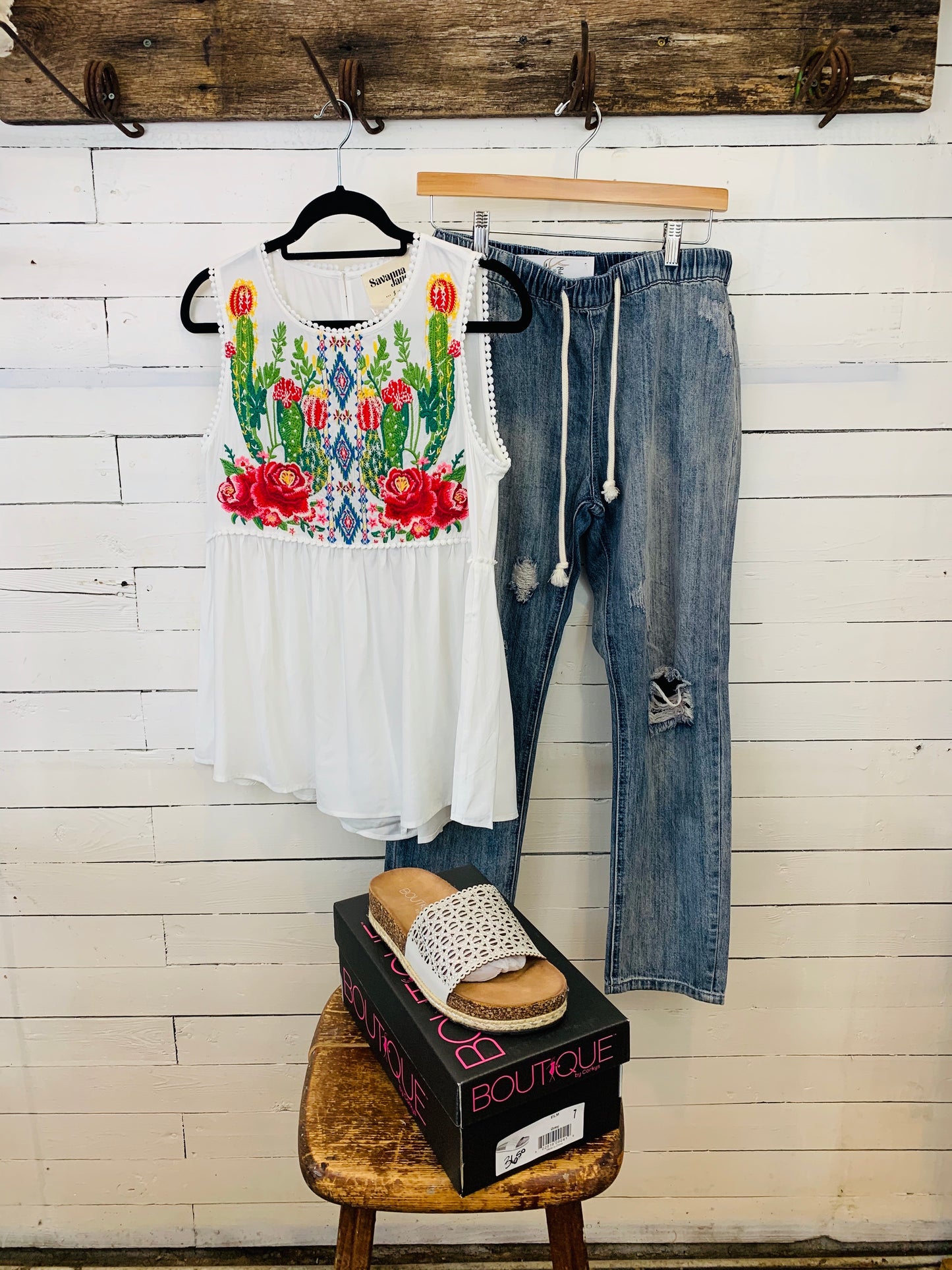 White Floral Cactus Embroidery Flowy Tank