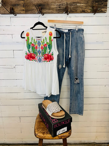 White Floral Cactus Embroidery Flowy Tank
