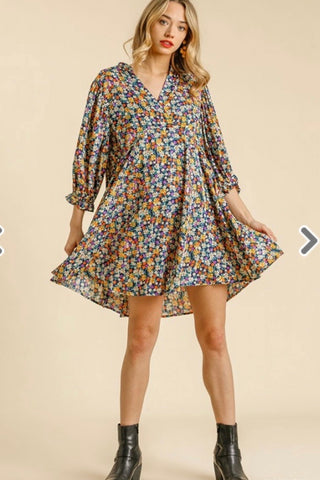 Navy Mix Floral Puff Sleeve V-Neck Dress