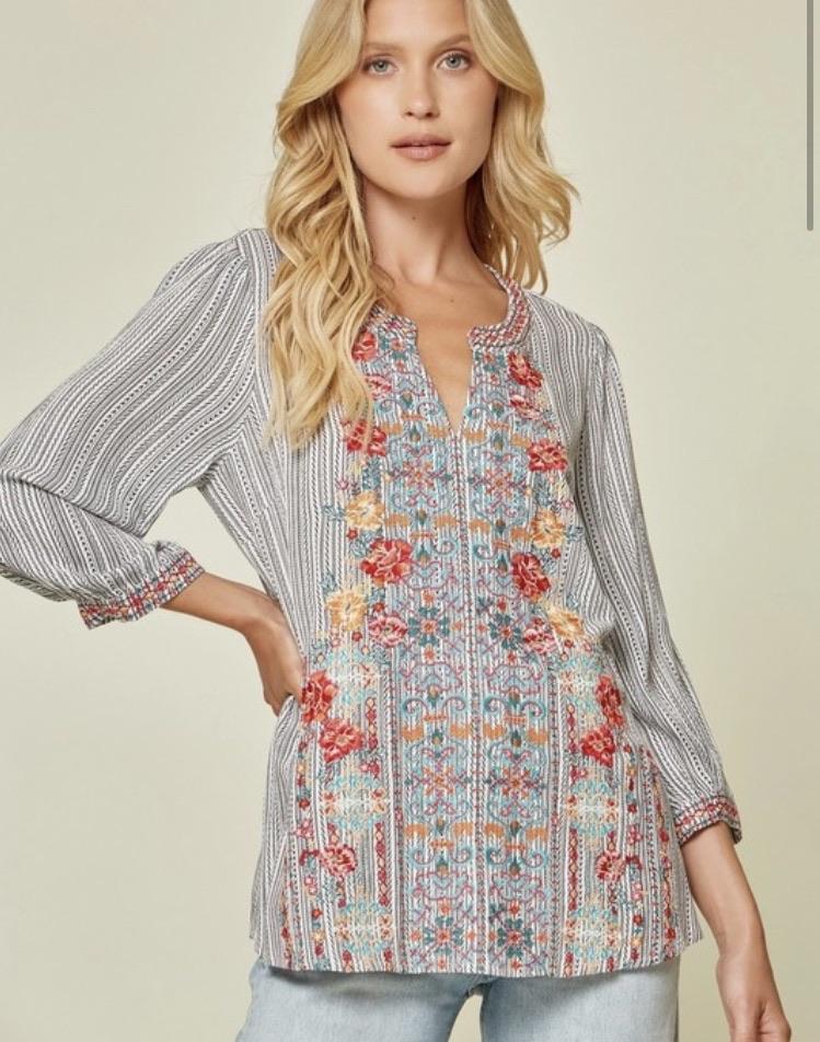 Striped Ivory Black Floral Embroidery Woven Top- Plus