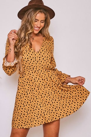 Tan Floral V-neck Longsleeve Dress