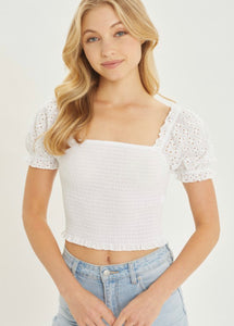 White Woven Solid Cotton Eyelet Smocked Top